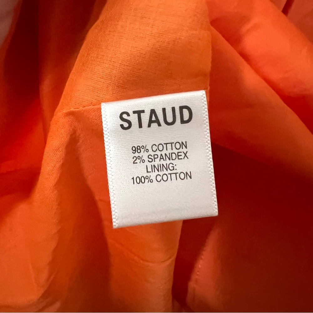 STAUD Elio Summer Mini Dress Off Shoulder Button Front Nectarine Orange Sz 12 - Picture 7 of 8